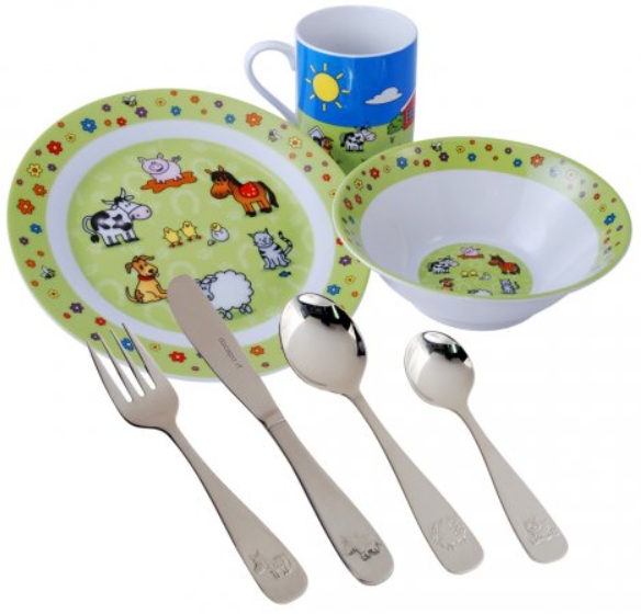 Paket Porslinset 3-delar och Bestickset 4-delar, Min lilla bondgård | Doppresenter.se